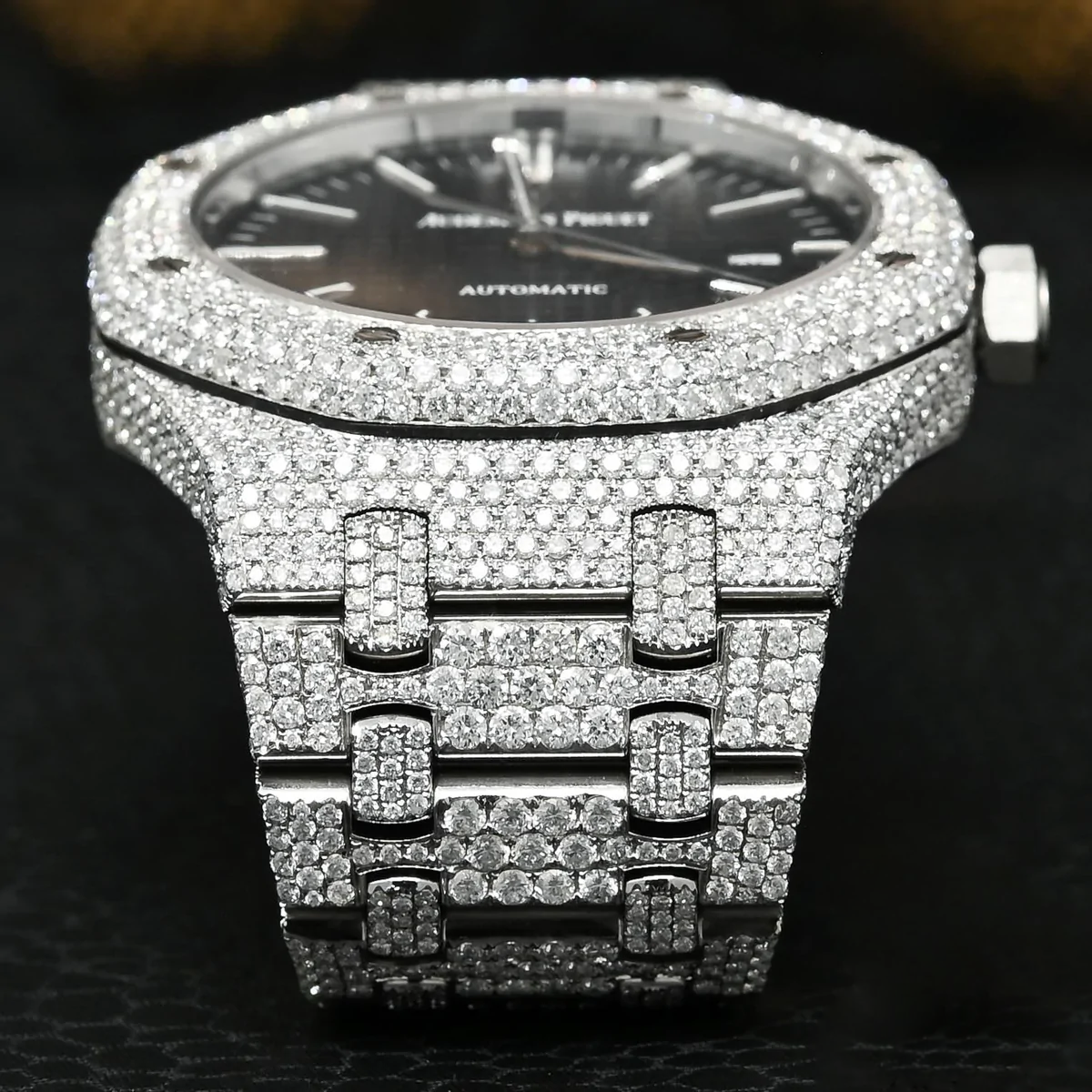 Black Dial AP Full Iced Out Moissanite Diamond Watch