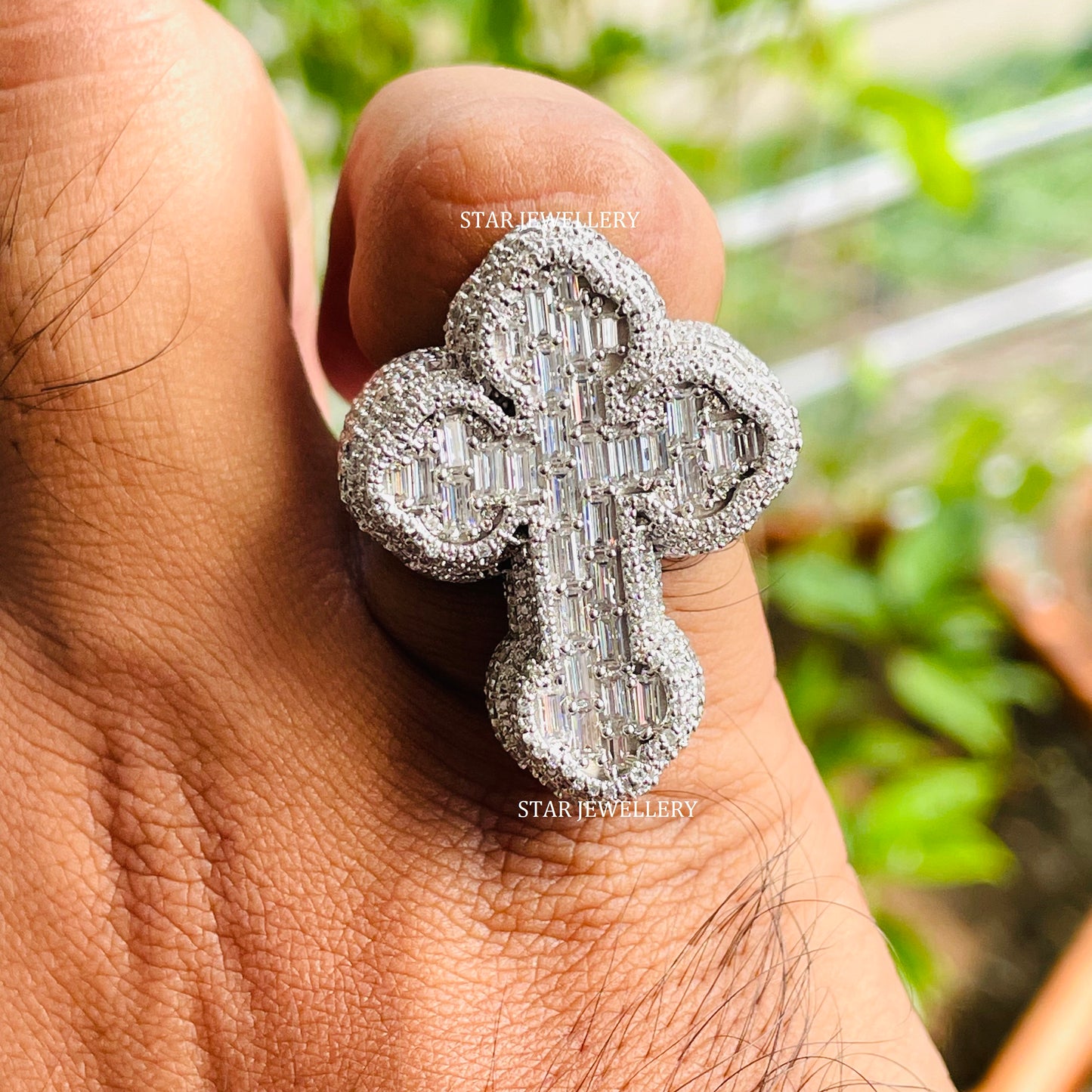 VVS Moissanite Cross Ring: Baguette Iced Out 925 Sterling Silver