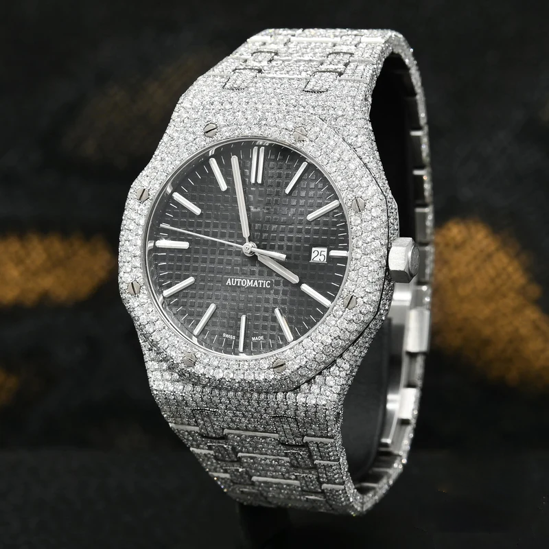 Black Dial AP Full Iced Out Moissanite Diamond Watch