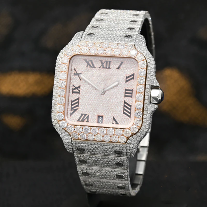 Santos De Cartier Iced out Moissanite Pink Dial Diamond Watch