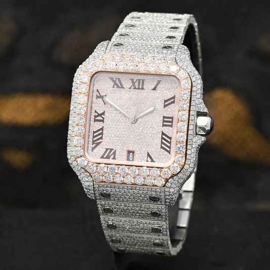 Santos De Cartier Iced out Moissanite Pink Dial Diamond Watch