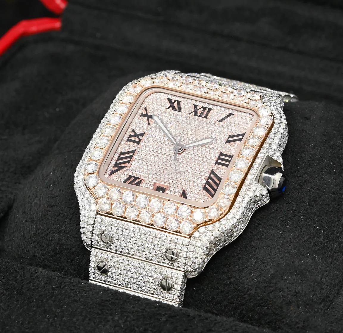Santos De Cartier Iced out Moissanite Pink Dial Diamond Watch