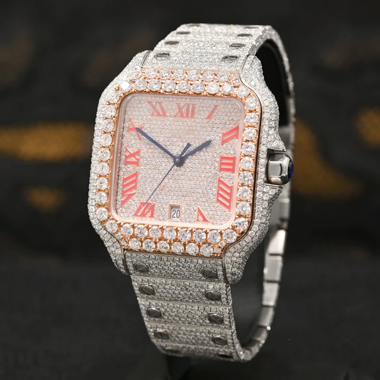 Santos De Cartier Pink Roman Dial Moissanite Diamond Watch