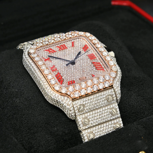 Santos De Cartier Pink Roman Dial Moissanite Diamond Watch