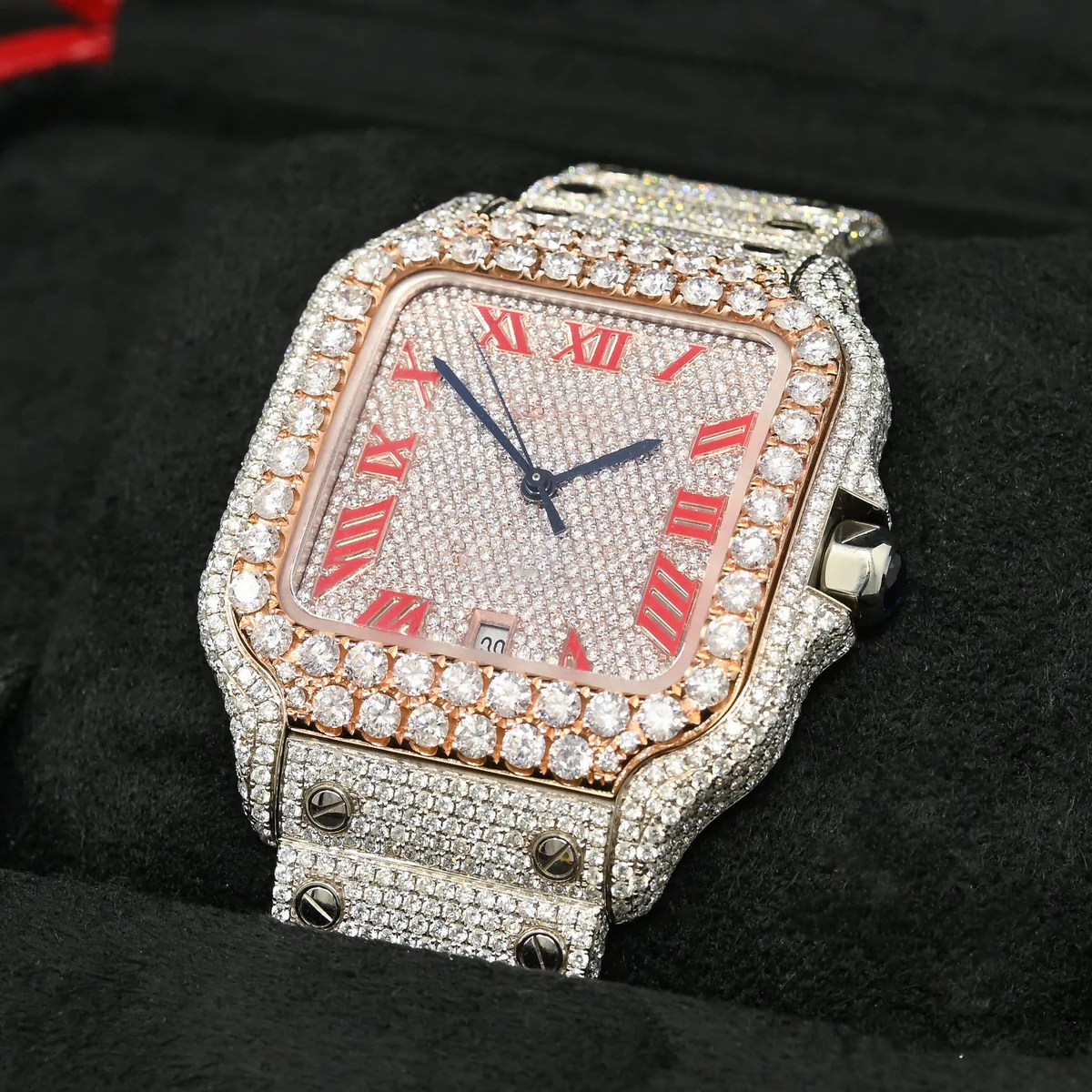 Santos De Cartier Pink Roman Dial Moissanite Diamond Watch