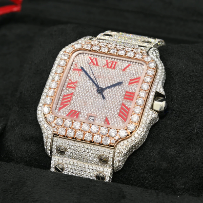 Santos De Cartier Pink Roman Dial Moissanite Diamond Watch