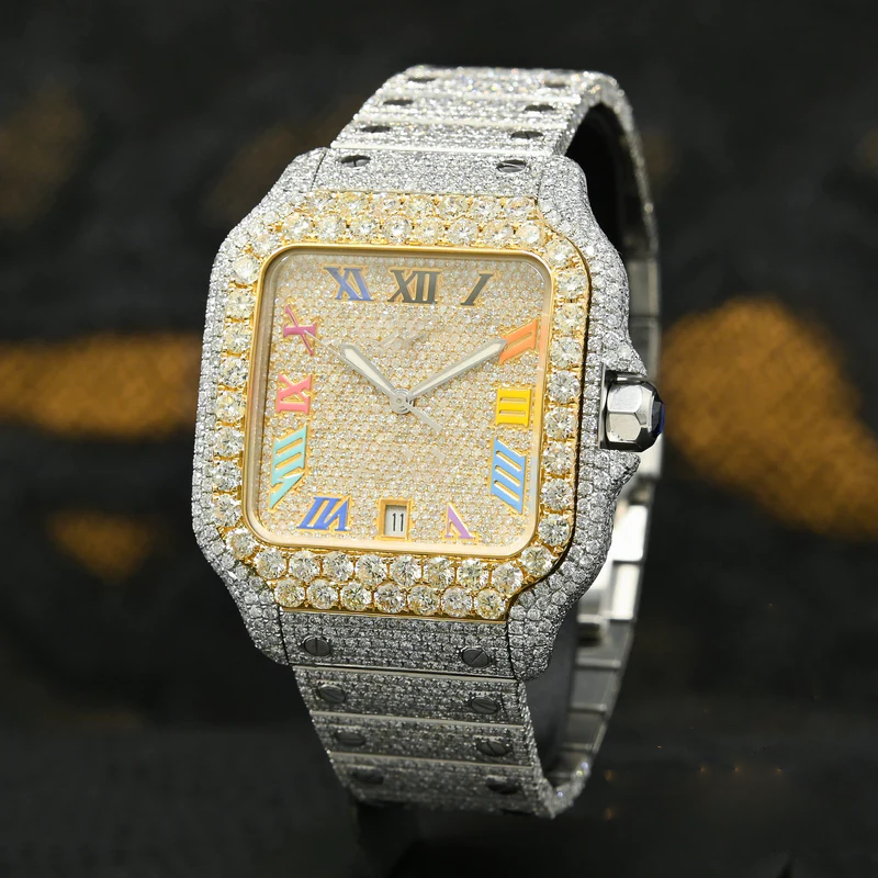 Santos De Cartier Roman Rainbow Dial Moissanite Diamond Watch