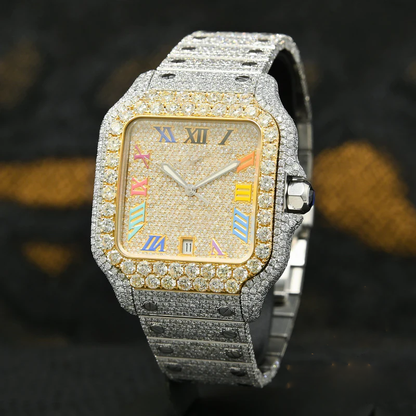 Santos De Cartier Roman Rainbow Dial Moissanite Diamond Watch