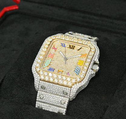 Santos De Cartier Roman Rainbow Dial Moissanite Diamond Watch