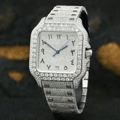 Arabic Numerical Dial Iced Out Cartier Santos Moissanite Diamond Watch