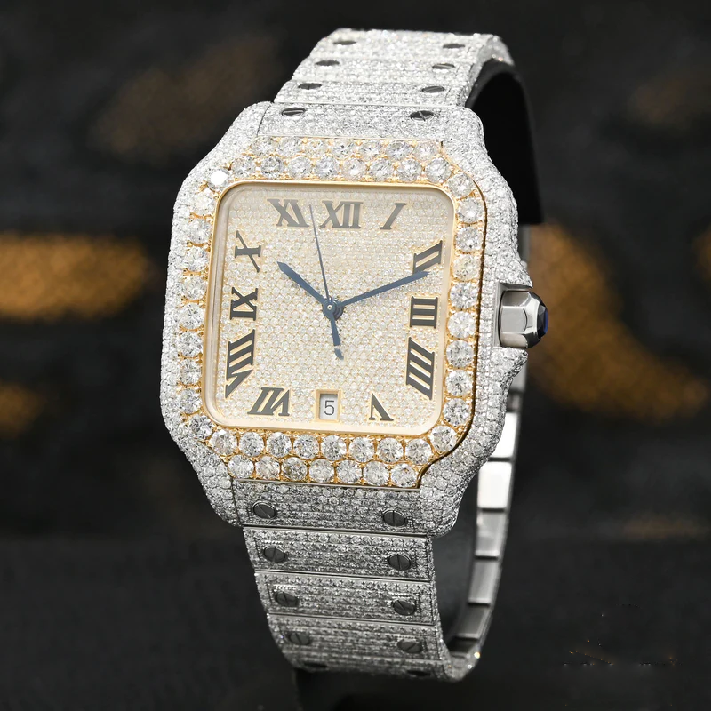 Santos De Cartier Iced out Moissanite Dial Diamond Watch