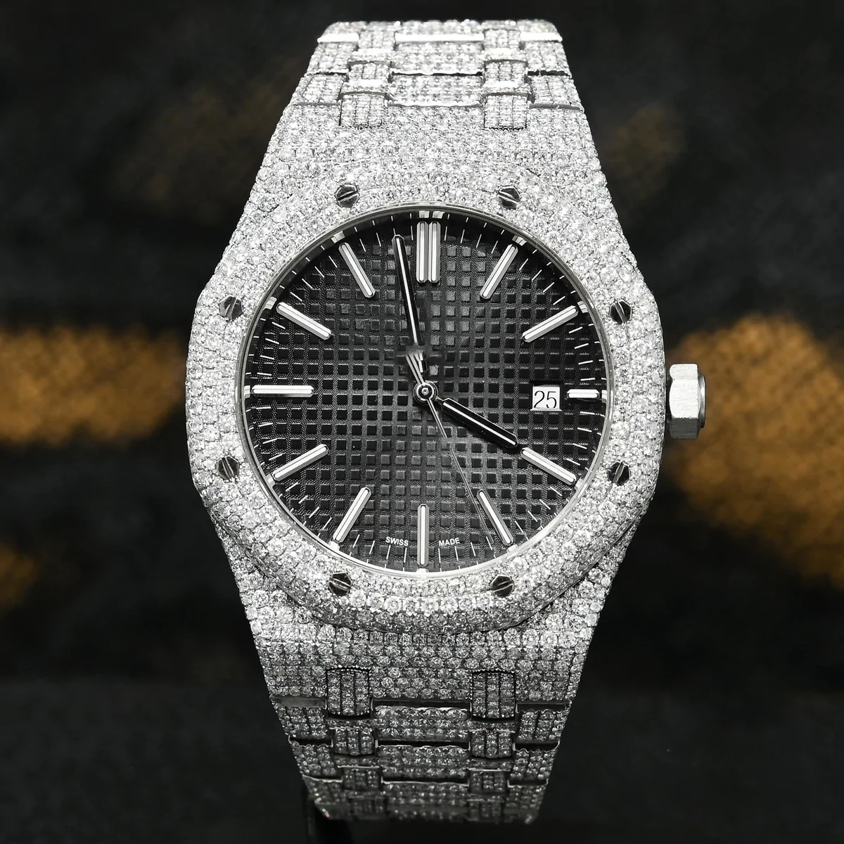 Black Dial AP Full Iced Out Moissanite Diamond Watch