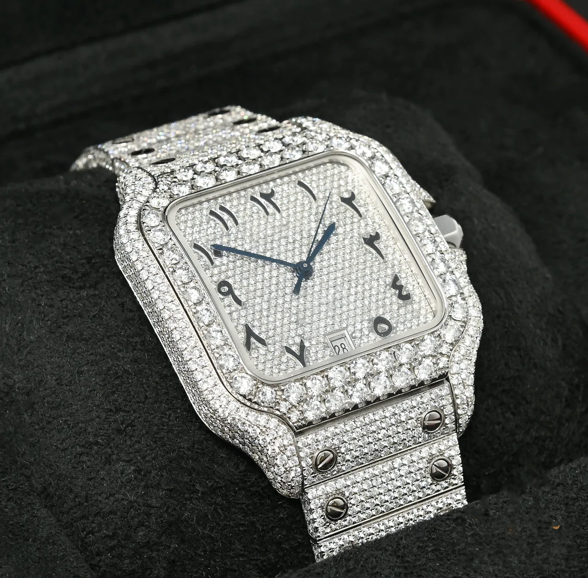 Arabic Numerical Dial Iced Out Cartier Santos Moissanite Diamond Watch