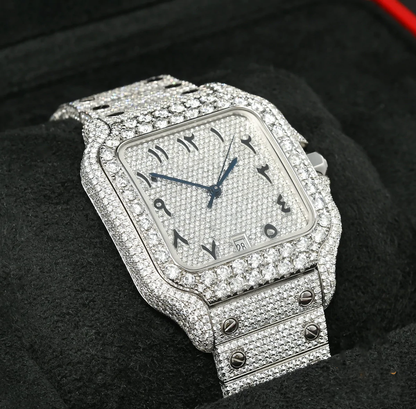 Arabic Numerical Dial Iced Out Cartier Santos Moissanite Diamond Watch