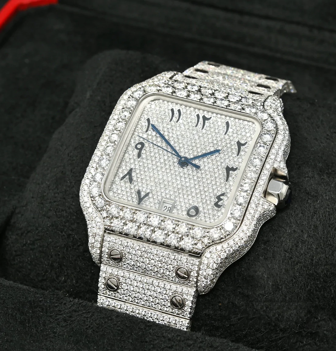 Arabic Numerical Dial Iced Out Cartier Santos Moissanite Diamond Watch