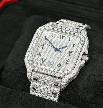 Arabic Numerical Dial Iced Out Cartier Santos Moissanite Diamond Watch