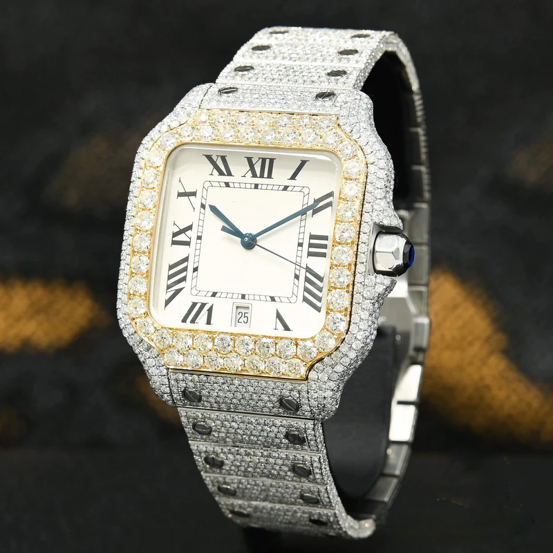 Iced Out Cartier Santos Moissanite Diamond Watch