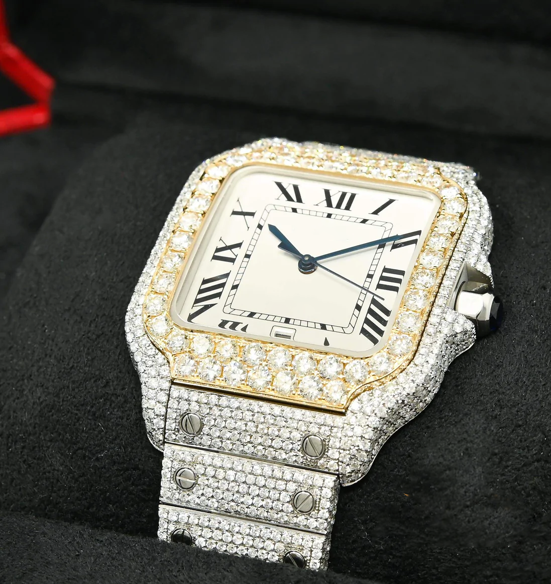 Iced Out Cartier Santos Moissanite Diamond Watch