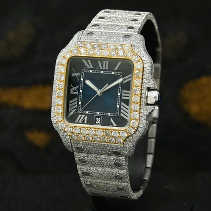 Blue Dial Iced Out Cartier Santos Moissanite Diamond Watch