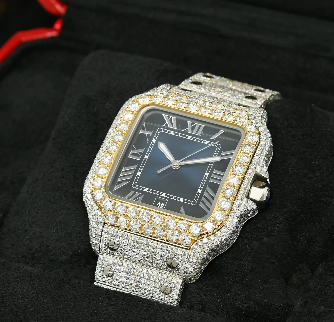 Blue Dial Iced Out Cartier Santos Moissanite Diamond Watch