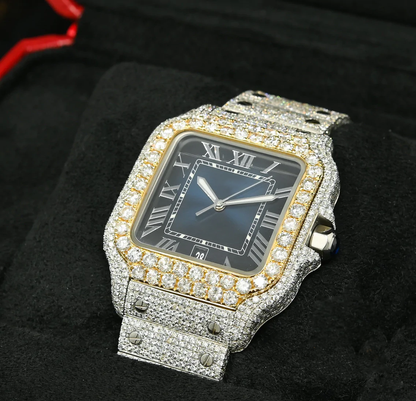 Blue Dial Iced Out Cartier Santos Moissanite Diamond Watch