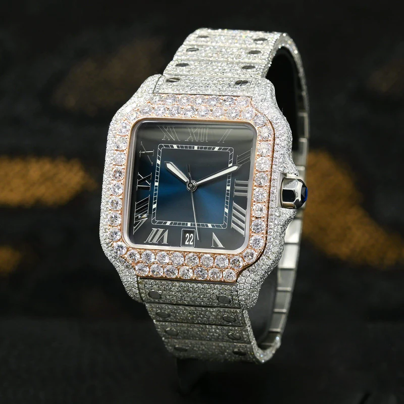 Blue Dial Iced Out Cartier Santos Moissanite Diamond Watch