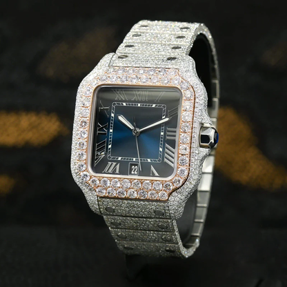 Blue Dial Iced Out Cartier Santos Moissanite Diamond Watch