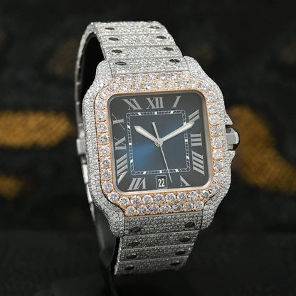 Blue Dial Iced Out Cartier Santos Moissanite Diamond Watch