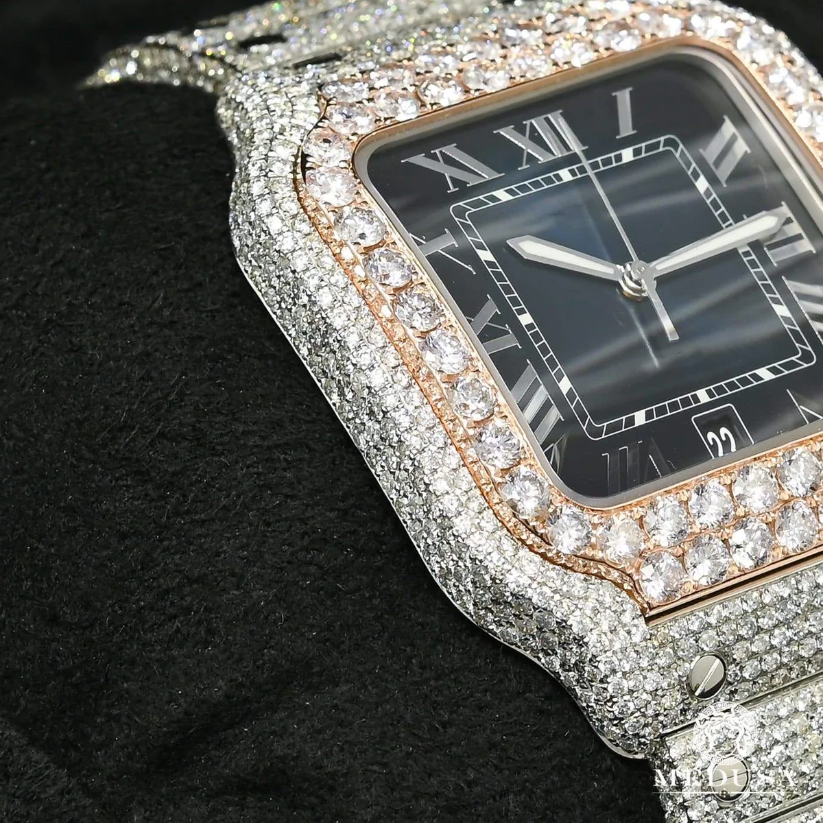 Blue Dial Iced Out Cartier Santos Moissanite Diamond Watch