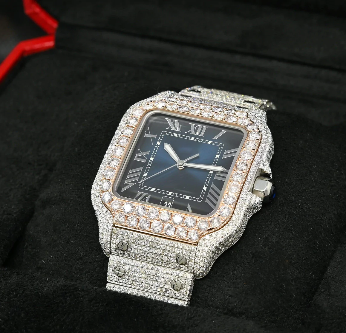 Blue Dial Iced Out Cartier Santos Moissanite Diamond Watch
