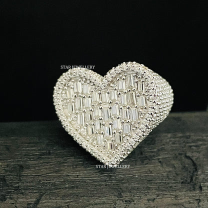 Baguette Moissanite Heart Ring: Unisex Iced 925 Sterling Silver