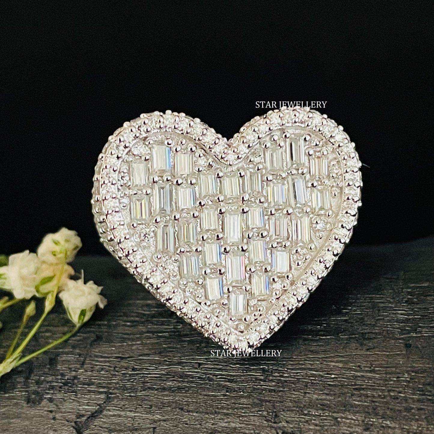Baguette Moissanite Heart Ring: Unisex Iced 925 Sterling Silver
