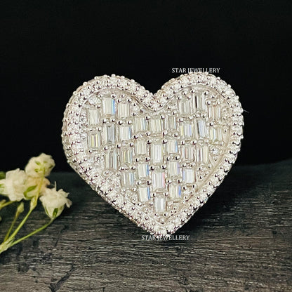 Baguette Moissanite Heart Ring: Unisex Iced 925 Sterling Silver