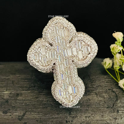 VVS Moissanite Cross Ring: Baguette Iced Out 925 Sterling Silver