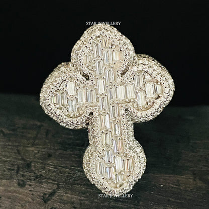 VVS Moissanite Cross Ring: Baguette Iced Out 925 Sterling Silver