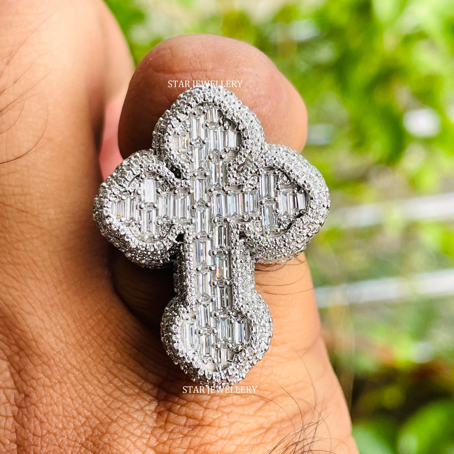 VVS Moissanite Cross Ring: Baguette Iced Out 925 Sterling Silver