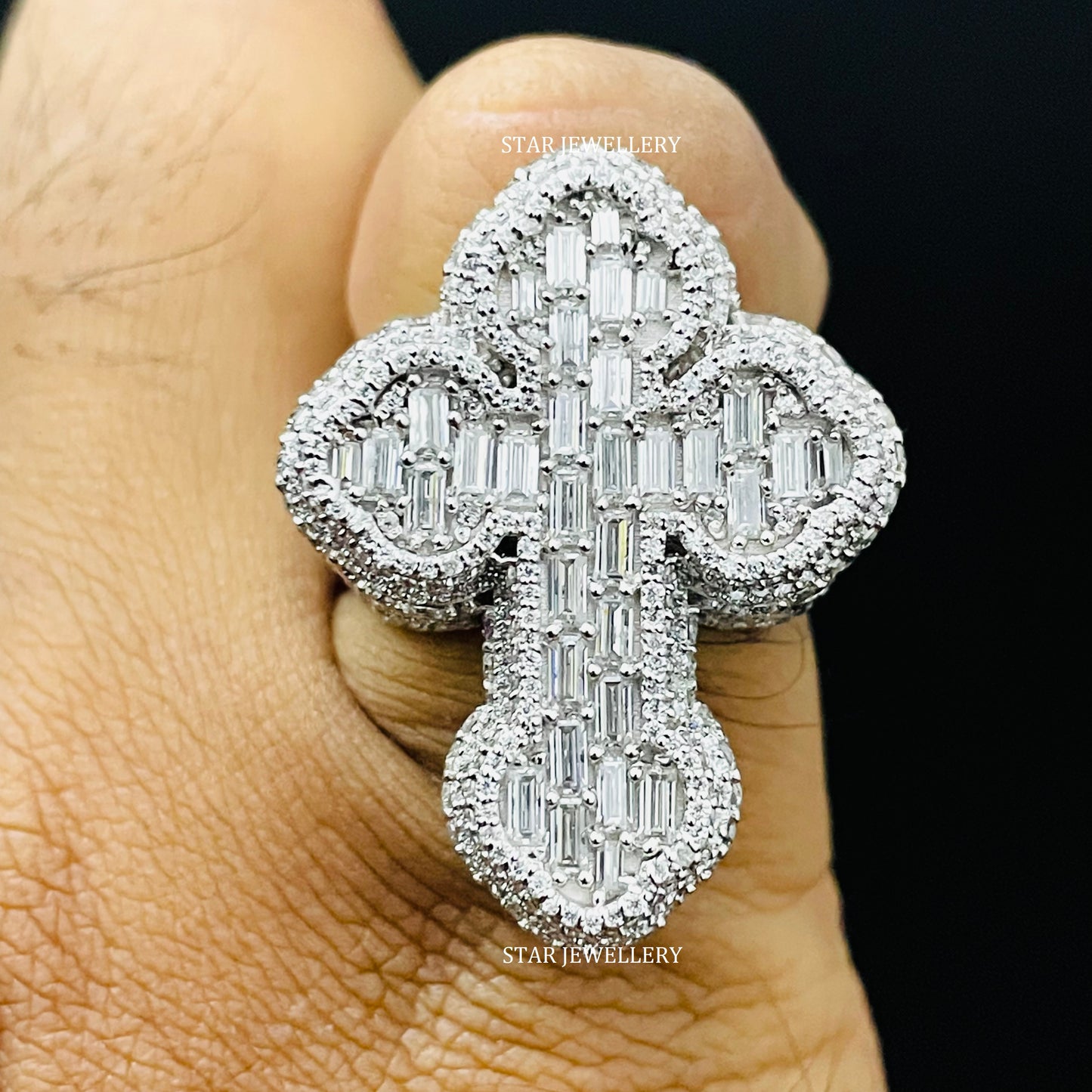 VVS Moissanite Cross Ring: Baguette Iced Out 925 Sterling Silver