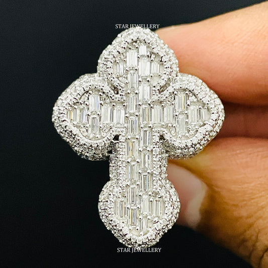VVS Moissanite Cross Ring: Baguette Iced Out 925 Sterling Silver