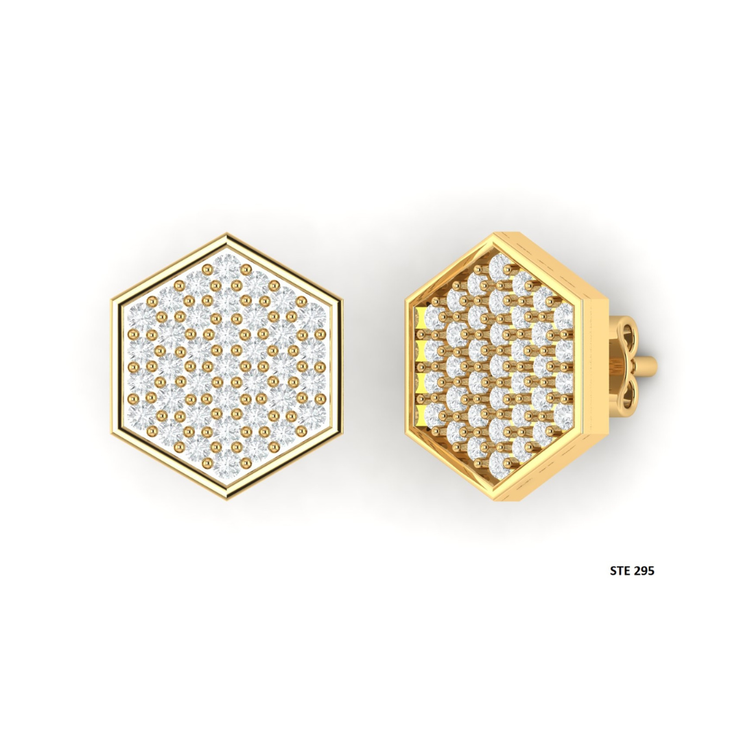 14K Solid Gold Diamond Geometric Hexagon Earring