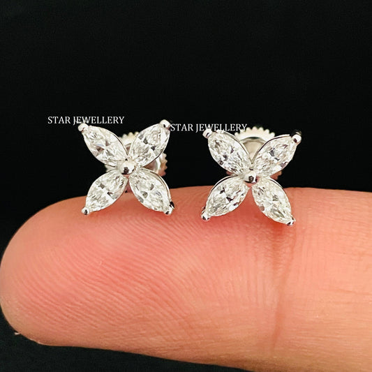 1.00 Ct Marquise Cut Lab Grown Diamond Four Leaf Clover Earrings