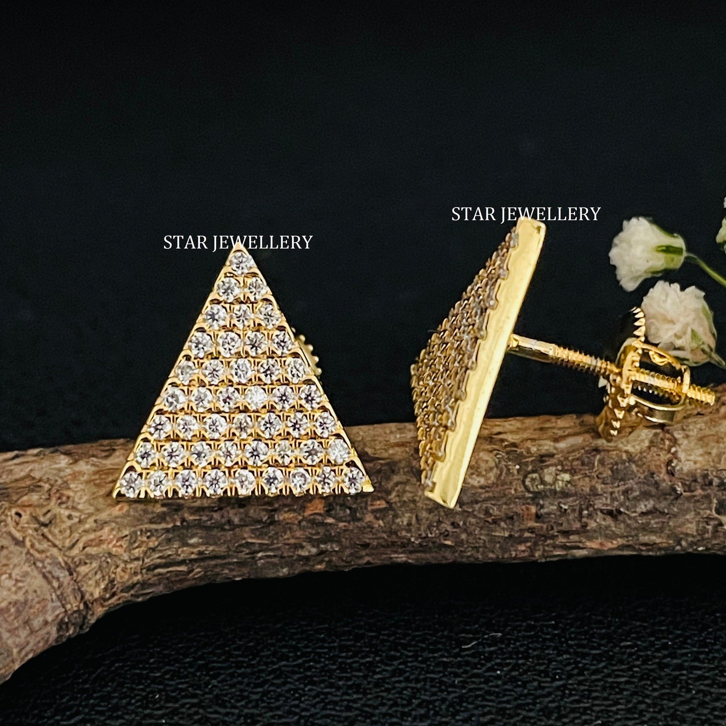 14K Solid Gold Pave Set Diamond Triangle Earring