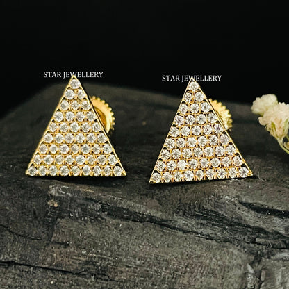 14K Solid Gold Pave Set Diamond Triangle Earring