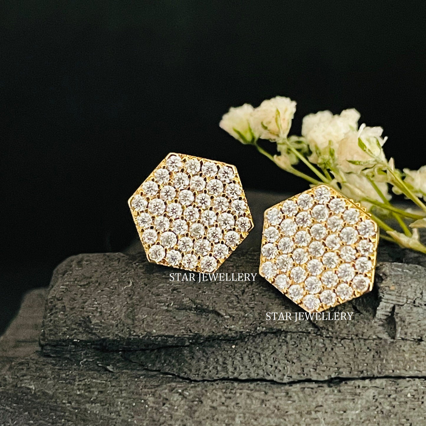 14K Solid Gold Pave Set Diamond Geometric Hexagon Earring
