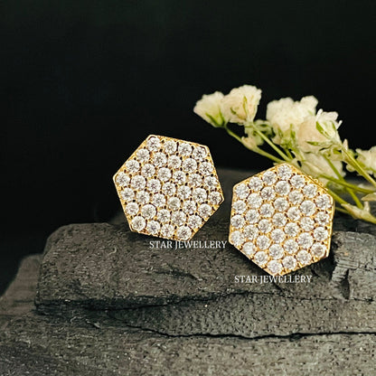 14K Solid Gold Pave Set Diamond Geometric Hexagon Earring