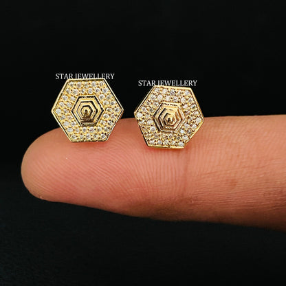 14K Solid Gold Pave Set Diamond Geometric Earring