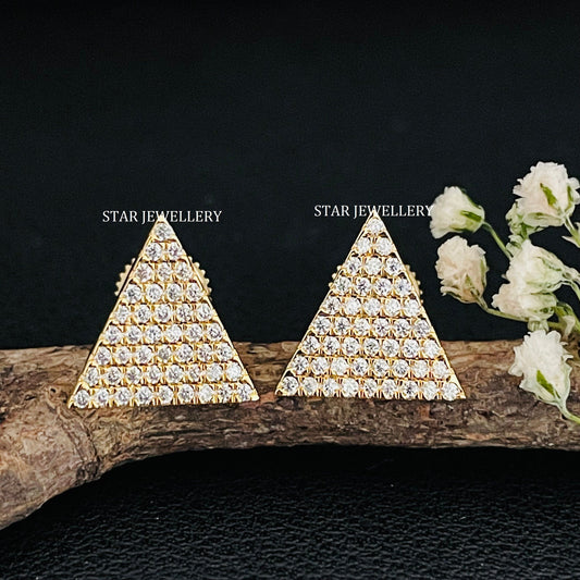 14K Solid Gold Pave Set Diamond Triangle Earring