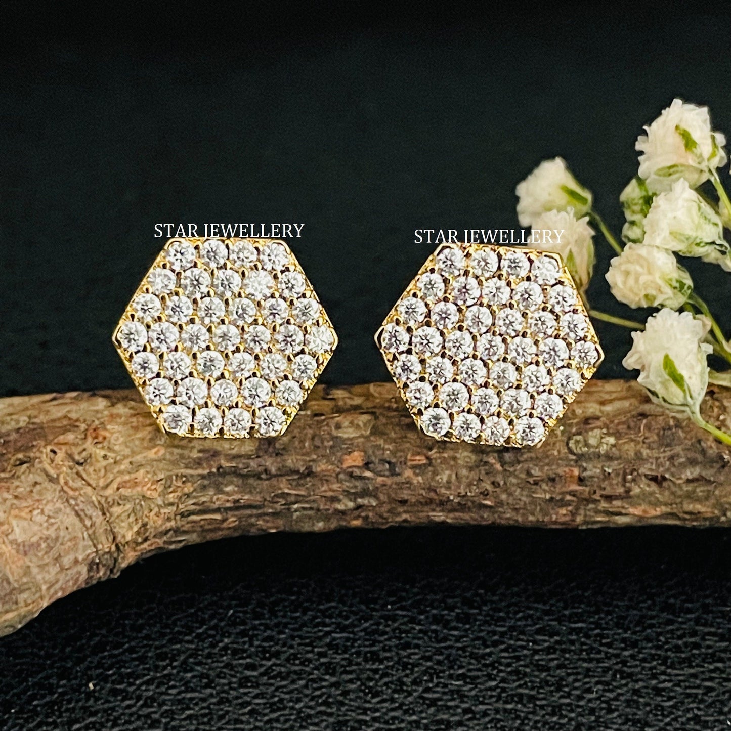14K Solid Gold Pave Set Diamond Geometric Hexagon Earring