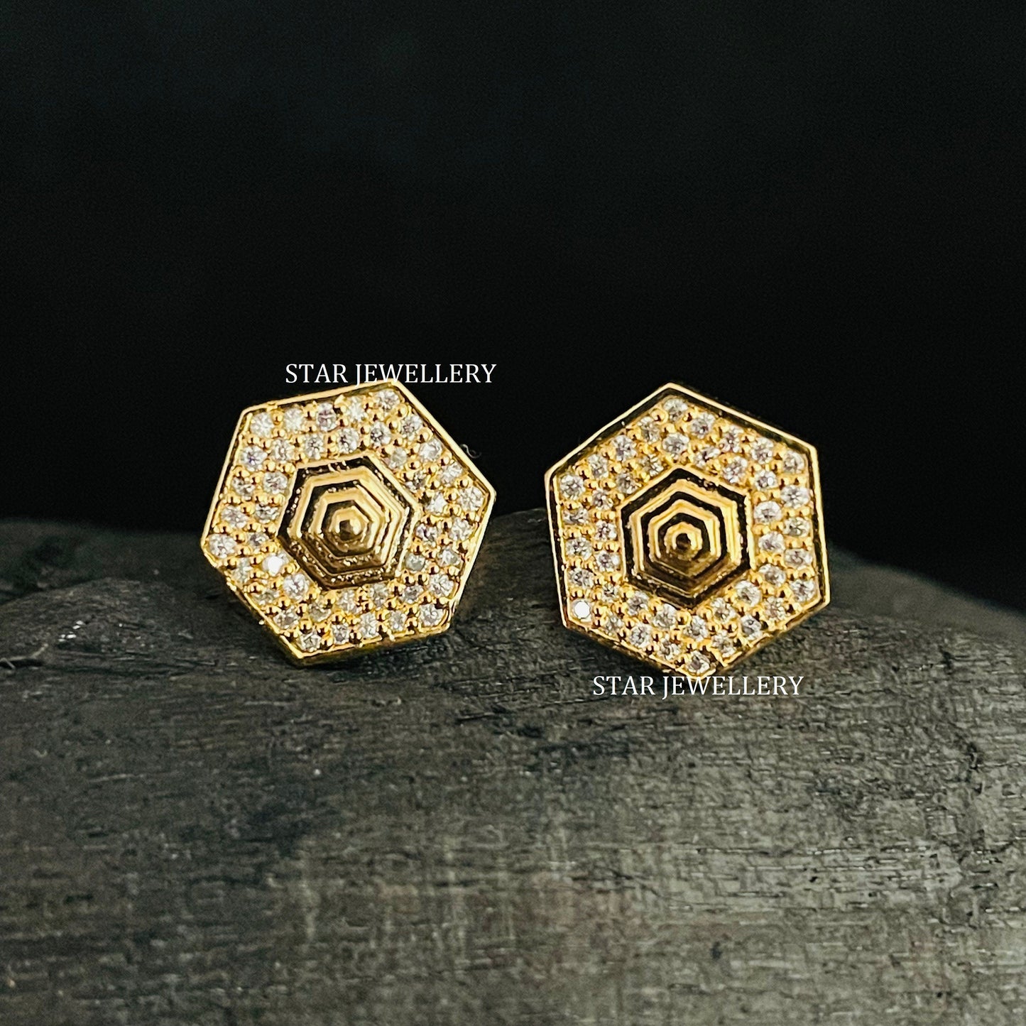 14K Solid Gold Pave Set Diamond Geometric Earring