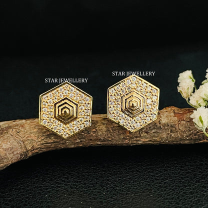 14K Solid Gold Pave Set Diamond Geometric Earring