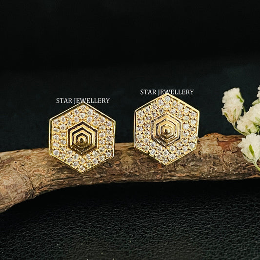 14K Solid Gold Pave Set Diamond Geometric Earring